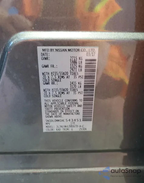 2017 Infiniti Qx60 from USA, damaged, VIN 5N1DL0MM1HC543451